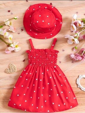 Toddler Girls' Red Heart Print Sundress with Matching Hat
